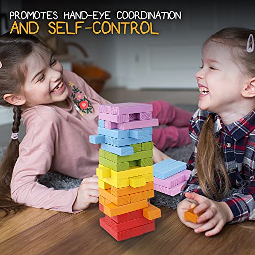 Pidoko Kids Wooden Stacking Building Blocks (49 Pcs) - Colorful Tumbling Blocks Board Games for Family Game Night - Montessori Toys Gifts, Includes Storage Bag