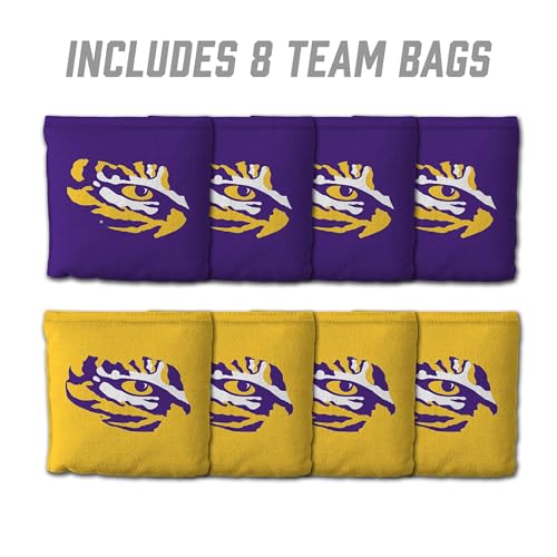 YouTheFan Officially-Licensed NCAA Set of 8 Cornhole Bags - All Weather Dual Sided Slide & Stop - Regulation Size with Carry case - color: LSU Tigers