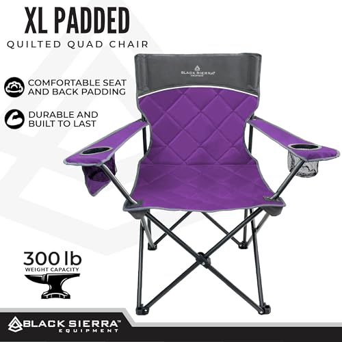 Black Sierra Quilted Padded Camping Chair, Oversized Heavy Duty Outdoor Lounge Seat Supports 300 lbs, Portable, Folding with Cup Holder for Beach, Tailgating, Sports, Patio - color: Purple