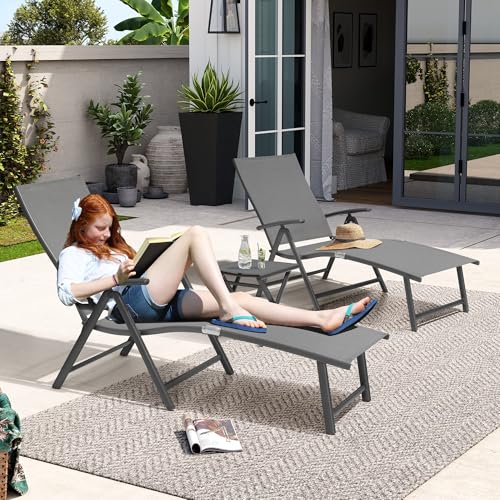 Crestlive Products 2PCS Chaise Lounge Chair Outdoor with 1PC Side Table, Aluminum Folding Patio Recliner Chair, Adjustable 8 Positions Assemble-Free - color: Grey, size: 3 Pcs