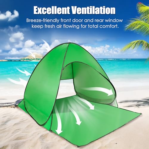 Pop Up Beach Tent, Sun Shelter for 2-3 Person, Sun Shelter with UPF 50+ & Lightweight, Portable Beach Tent Easy Pop Up for Outdoor Camping Fishing - style: Green