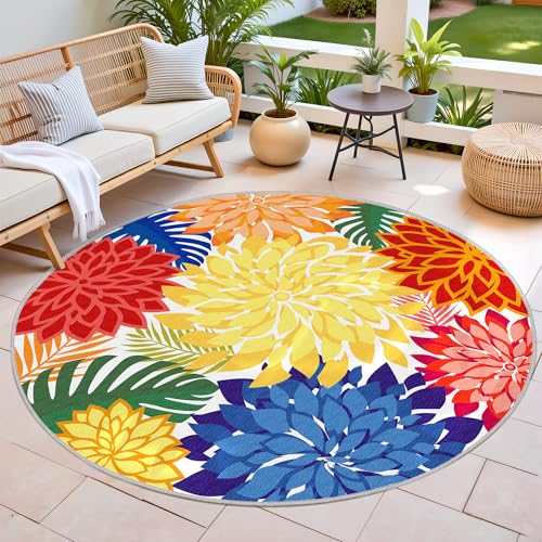 Colorful 6FT Outdoor Round Area Rug Washable Rugs Multicolored Patio Rug Tropical Botanical Floral Chenille Waterproof Outdoor Carpet for RV, Pool Deck, Backyard, Porch, Rainbow - color: Multi Colored, size: 6' (Round)