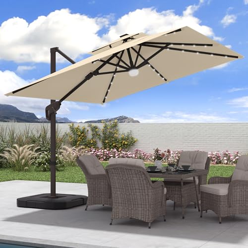JZAC & QZYD 9x9 FT Outdoor Cantilever Patio Umbrella with Solar LED Lights, Large Heavy Duty 2-Tier Canopy Square Aluminum Offset Umbrellas with 360-Degree Rotation for Pool Deck Backyard, Beige - color: Beige, size: 9'×9'