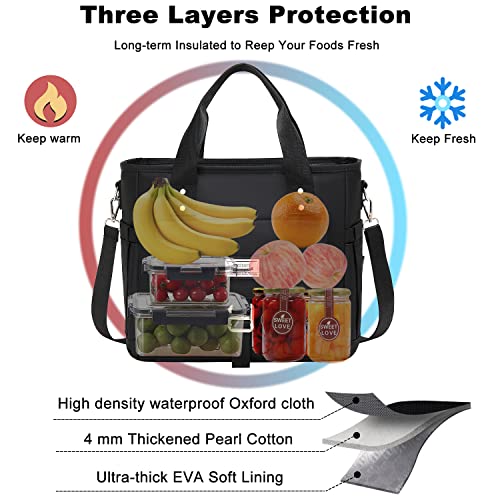 Weitars Insulated Lunch Bag for Men Women,Leak Proof Lunch Box for Work,Extra Large Lunch Tote Bag With Removable Shoulder Strap with Side Pockets,Reusable Lunch Cooler Purse For Picnic Hiking - color: Black