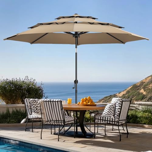 wikiwiki 10ft 3-Tier Patio Umbrella Outdoor Table Market Umbrella for Patio with Push Button Tilt/Crank, Fade Resistant Waterproof POLYESTER Canopy for Garden, Lawn, Deck, Backyard & Pool, Tan - color: Tan, size: 10 FT