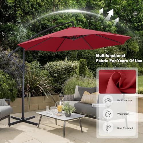 ABCCANOPY 10FT Cantilever Patio Umbrella with base included, 360° Rotation Outdoor Offset Umbrella for Backyard, Deck, Poolside (Burgundy)