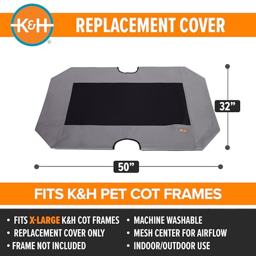 K&H Pet Products Dog Cot Replacement Cover, Designed to fit K&H XL Pet Cots (Sold Separately), Indoor Outdoor, Breathable Cooling Mesh Center, Machine Washable - Extra-Large 50 X 32in Gray - color: Gray/Black Mesh, size: X-Large 50 X 32 Inches