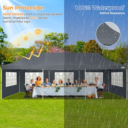 COBIZI 10x30 Pop up Canopy with Roller Bag & 8 Removable Sidewalls, Canopy Tent for Parties, Wedding, and Commercials, Waterproof and Instant Shelter UV50+ Outdoor Gazebo with 4 Sandbags(Gray) - color: Gray, size: 10x30FT