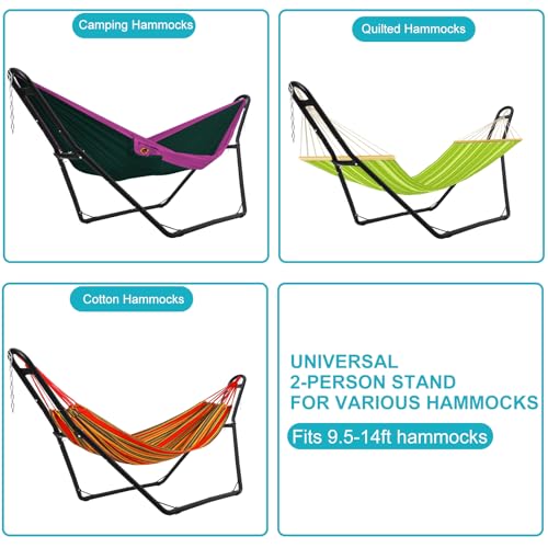 Universal 2 Person Hammock Stand, Heavy Duty Steel Hammock Stand 550 lbs Capacity, Fits 9 to 14 Foot Hammocks for Outdoor Indoor Adjustable Portable Hammock Stand with Chain, Hook, and Carrying Bag - size: Medium
