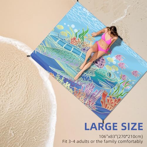 DPWCVM Beach Blanket Waterproof Sandproof Large Beach Mat 83" X 106" for 3-5 Adults Sand Free Mat Quick Drying,Lightweight & Durable with 4 Stakes & 4 Corner Pockets for Beach Camping - color: Sea Turtle, size: 83" X 106"