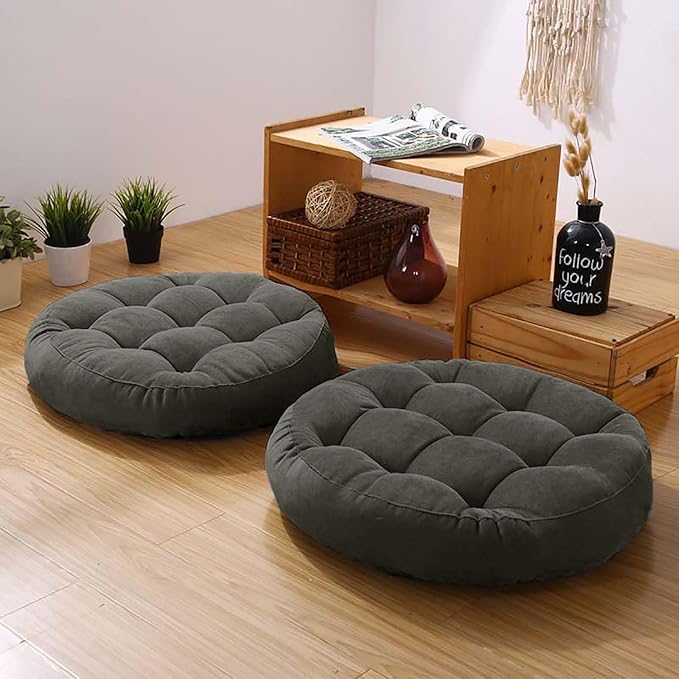 Meditation Floor Pillow Set of 2 Large Round Floor Cushions for Adults Tufted Corduroy Floor Seat Pillows Cushion for Living Room Tatami Yoga,Dark Grey 22x22 Inch - color: Dark Grey, size: 22"Lx22"Wx5"H