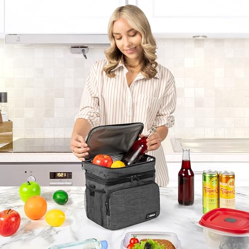 opux Insulated Lunch Bag for Men Women, Large Dual Compartment Cooler Bag, Soft Two Deck Lunch Box for Work School Picnic, Leakproof Lunch Tote with Strap for Kid Adult (Charcoal Gray, Double Deck) - color: Charcoal Gray, size: Double Deck