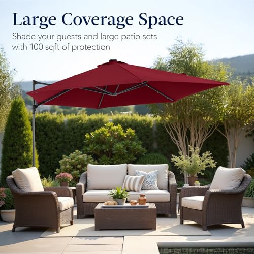 Best Choice Products 10ft Solar LED Offset Cantilever Hanging Market Patio Umbrella, Smooth 360° Rotation, 8 Sturdy Ribs, Easy Adjustment - Burgundy - color: Burgundy, size: Offset w/ 360° Rotation