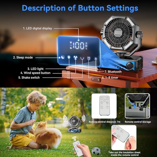 Portable fan rechargeable with 5.3 Bluetooth Speaker, 25000mAh Camping Fan with 5 Speed Touch Control & 3-Mode LED Light, Remote, USB/Type-C Ports, 1-8H Timer for Party, Travel, BBQ, Indoor, Outages - color: Black
