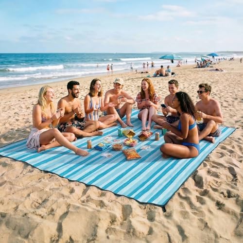 OIGAE Oversized Beach Blanket, 9×10 ft Sand-Free Outdoor Mat for Groups, Quick-Dry Picnic Blanket with Stakes & Corner Pockets, Blue Wave Stripes - color: Blue Wave Stripes, size: 9x10 Ft (2～8 person)