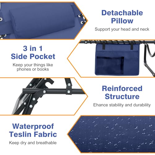 Face Down Chaise Lounge Chair Set of 2, 5-Position Adjustable Sunbathing, Foldable Tanning Chair with Face& Arm Holes, Outdoor Recliner Chair for Pool, Beach, Patio, Lawn (Dark Blue, 2 Pcs) - color: Navy Blue&hole