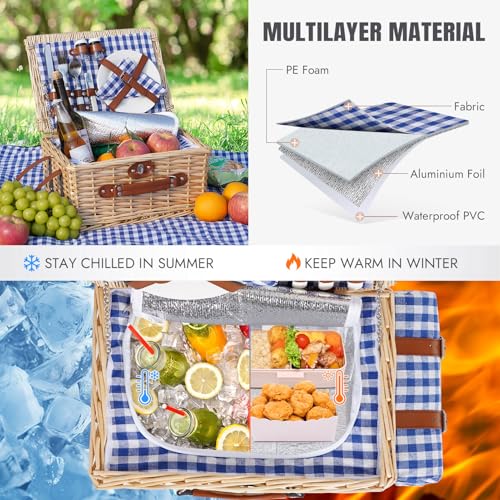 HappyPicnic Picnic Basket Set for 2 - Wicker Picnic Basket with Waterproof Blanket & Insulated Liner, Large Handmade Willow Hamper with Cutlery Kit for Outdoor, Picnic, Camping, Party, Holidays (Blue) - color: Blue