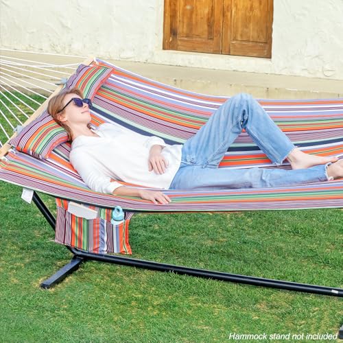 GAFETE Hammock 2 Person Quilted Fabric Hammocks for Outside, Double 12ft Hammocks with Spreader Bar, Large Removable Pillow, Storage Bag, Carabiners, Max 475 lbs Capacity (Sunset Red Stripe) - color: Sunset Red Stripe