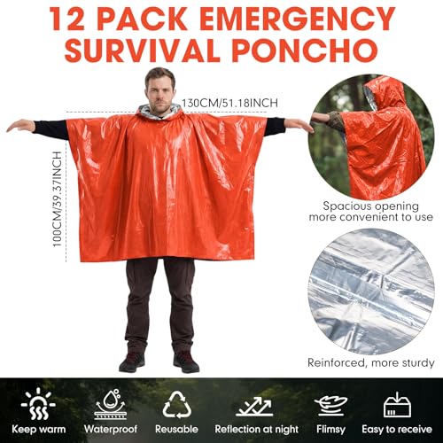 Tellegloww Emergency Ponchos with Polyester Film Blanket Liner Waterproof Windproof Thermal Survival Blanket Rain Ponchos - color: Orange