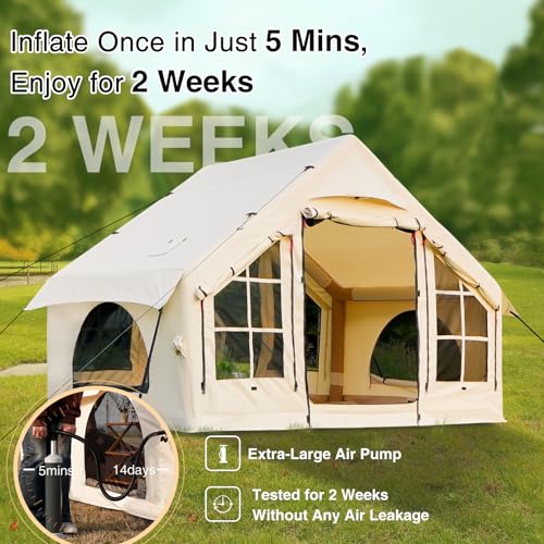 KNUO Inflatable Camping Tent, Large Blow-Up Air Tent, No Assembly Needed Luxury Glamping House, Oxford Fabric - color: Light Beige-Dual-layer Doors, size: 10x7.2ft