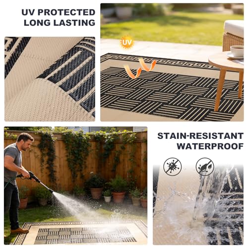 YONILE Solar LED Outdoor Rug 9x12 ft Waterproof for Patios Clearance,Reversible Outdoor Plastic Straw Rug, RV Mat Outside, Indoor Outdoor Carpet for Porch, Deck, Backyard, Balcony, Picnic - color: Black&coffee-striped With Light-2 in 1, size: 9x12ft