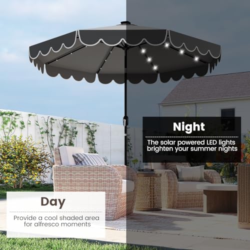 Tangkula 9 FT Solar Patio Umbrella, 2-Tiers Scalloped Outdoor Table Market Umbrella with 32 LED Lights, Vented Top, Tilt Adjustment, Crank, 8 Ribs for Backyard Poolside Deck Beach Lawn (Gray) - color: Gray, size: 9Ft