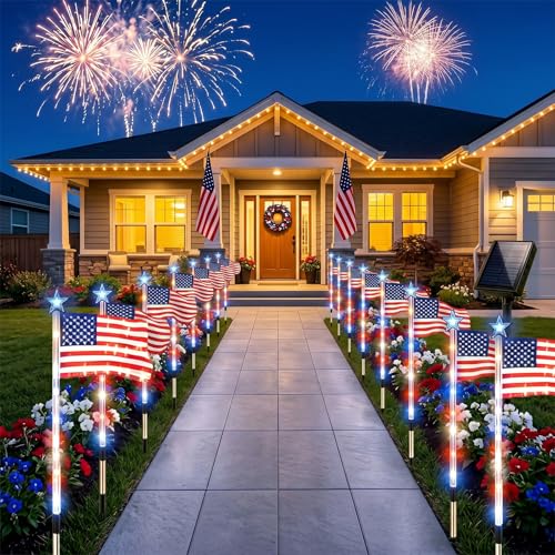 8 Piece Solar American Flag Pathway Lights, US Solar Flag Lights with 8 Lighting Modes, Patriotic Red White Blue Waterproof LED Outdoor Yard Garden Decorations for 4th of July (A-2 Sets) - color: A-2 Sets