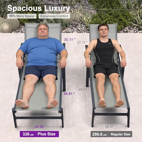 PURPLE LEAF Oversized Chaise Lounge Chair Outdoor Set of 2 Extra Wide Pool Lounge Chairs 5 Adjustable Position with Armrests and Side Table Aluminum Patio Lounge Chair for Outside Beach, Deep Beige - color: Deep Beige, size: Oversized