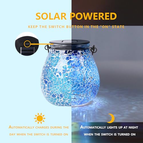 Afirst Mosaic Solar Lanterns Outdoor - Glass Hanging Solar Lights Hollow Out Waterproof Table Lamp Outdoor Decorative for Garden, Patio, Holiday Party Outdoor Decoration - style: ice-blue