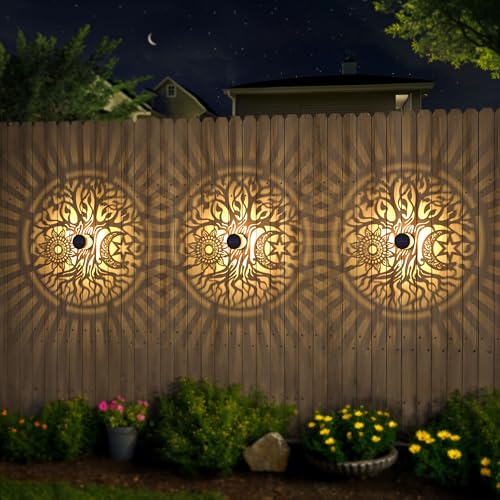 4 Pack Large Solar Fence Lights Metal Solar Powered Outdoor Wall Deck Step Lights Tree Theme Waterproof Fence Light for Garden Post Patio Backyard Yard Decor, Gardening Gifts for Women Mom Grandma - color: Tree-L, size: 4 Pack