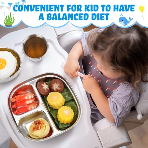 Tioncy 15 Pcs Stainless Steel Kids Dinner Set, Bowls, Balanced Bites Divided Plates, Cups, Spoons and Forks, Stainless Steel Lunch Plates Dinnerware Set for Kids Toddlers