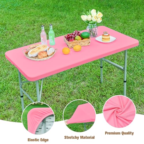 Fitted Rectangle Tablecloth 24 x 48 Inch Elastic Table Cloth for 4ft Table, Stretch Spandex Tables Cover Pink Washable Polyester Top Cap Cover for Dining Picnic Camping Indoor and Outdoor - color: Pink, size: 48" x 24" (Rectangular)