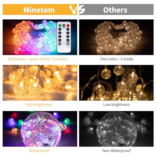 Minetom Globe String Lights Plug in - 33 ft 100 LED USB Crystal Globe Fairy Lights with Remote and Timer, Waterproof for Bedroom Tent Porch Patio Party Garden Indoor, Warm White and Multicolor - color: 33 FT - Warm White + Multicolor