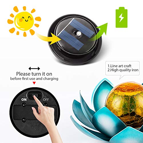 AIINY Solar Light Outdoor(2Pack), Art Crackle Globe Glass Lotus Decoration, Solar LED Waterproof Blue Metal Flower Lights for Patio,Lawn,Walkway,Tabletop - color: Blue