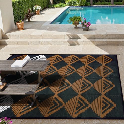 Lahome Outdoor Rugs 8x10 Waterproof, Reversible Plastic Large Outdoor Rug for Patios, Outside RV Mat Carpet for Patio Deck Porch Backyard Balcony Picnic Trailer (Black/Brown, 8' x 10') - color: Black/Brown/Checkered, size: 8'x10'