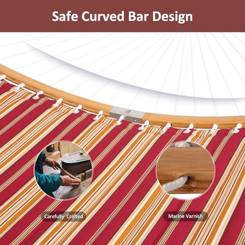 SUNCREAT Hammocks Portable Hammock with 12 ft Stand Included, Double Hammock with Curved Spreader Bar, Red Stripes - color: Red Stripes