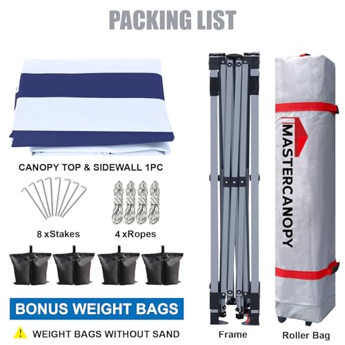 MASTERCANOPY Durable Pop-up Canopy Tent with 1 Sidewall (10'x10',Navy Blue Stripes) - color: Navy Blue Stripes, size: 10x10