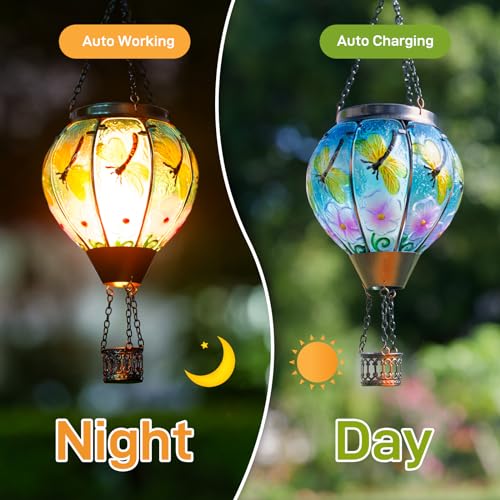 Dragonfly Solar Hot Air Balloon Lantern with Flame, Glass Hot Air Balloon Solar Lantern Outdoor Waterproof, Decorative Hanging Hot Air Balloon Solar Light for Outside Garden Patio Yard - color: Pink