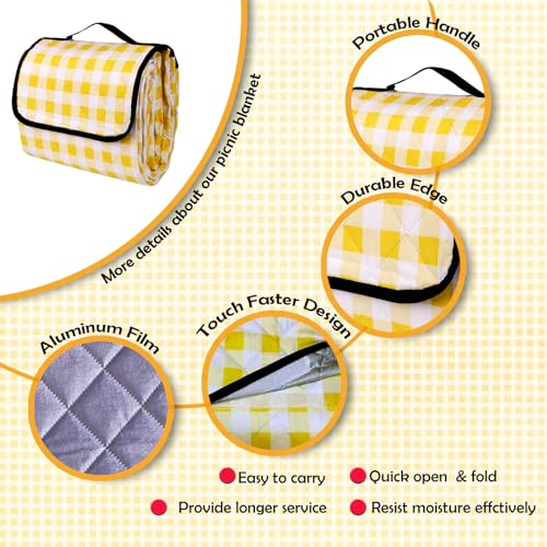 CUNCUI Large Picnic Blankets, 3 Layers Thick Soft Gingham Camping Blanket, 59X79IN Foldable Waterproof Rug, Portable Outdoor Mat for Beach Grass Hiking Park Travel, Sandproof, Machine Washable-Yellow - color: Yellow