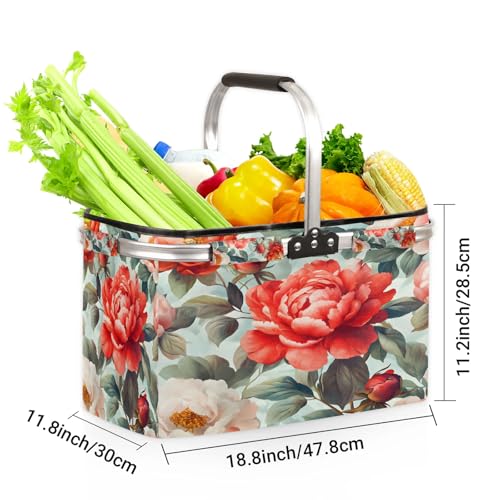 Boho Floral Picnic Basket Large Collapsible Market Baskets Portable Reuasble Shopping Bags with Handles for Camping Beach Travel - color: Multi B
