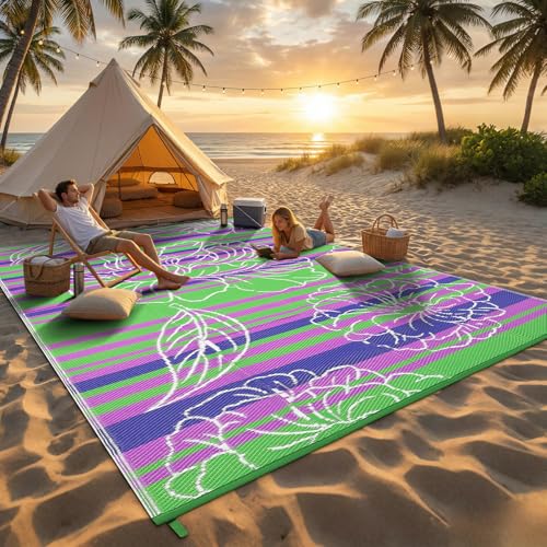 Garvee 8x10 Outdoor Waterproof Rug, Floral Outdoor Area Rug，Reversible Plastic Straw Patio Rug, Portable Camping Mat for RV, Picnic, Beach, Balcony, Garden & Camping Green - color: Green, size: 8' x 10' (Rectangular)