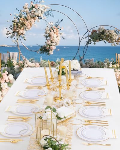 GATHER 700PCS Gold Plastic Plates - Whtie and Gold Disposable Dinnerware Sets 100Guest - 200 Disposable Plate, 300 Plastic Silverware, 100 Cups, 100 Napkins for Wedding & Party - color: Gold, size: 100 Guests
