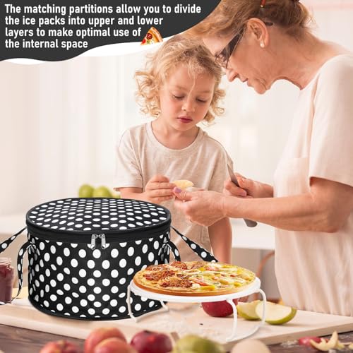 Pickmesh Round Pie Carrier 12 x 7 Inch Insulated Casserole Carriers with Lid and Detachable Handle for Hot or Cold Food Cake Transport Thanksgiving Christmas Gift(Black White Polka Dots) - color: Black White Polka Dots
