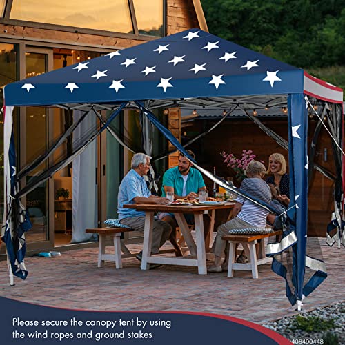 Tangkula 10x10 Ft Pop Up Canopy with Netting, Easy Up Canopy with Mesh Sidewalls, Carrying Bag, Adjustable Height, American Flag Outdoor Canopy with 100 Square Feet of Shade for Backyard, Lawn - color: Mix