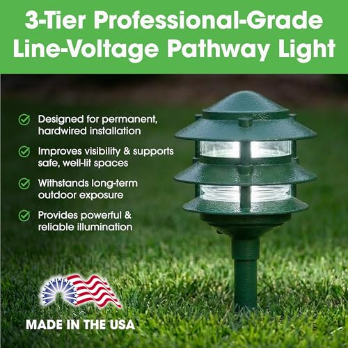 Greenfield Weatherproof Line-Voltage (120V) 3-Tier LED Outdoor Pathway Light – Permanent Outside Light for Walkway, Driveway & Landscaping – Professional Grade & Made in USA – Green - color: Green