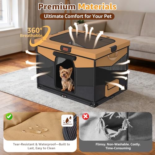 LOOBANI Foldable Dog Playpen for Small Dogs- Indoor/Outdoor Puppy Playpen with Removable Washable Fabric Enclosure, Sturdy Steel Frame & 690D Oxford Cloth,Portable Crate for Puppies & Cats,32"x24"x22" - color: Black-Brown