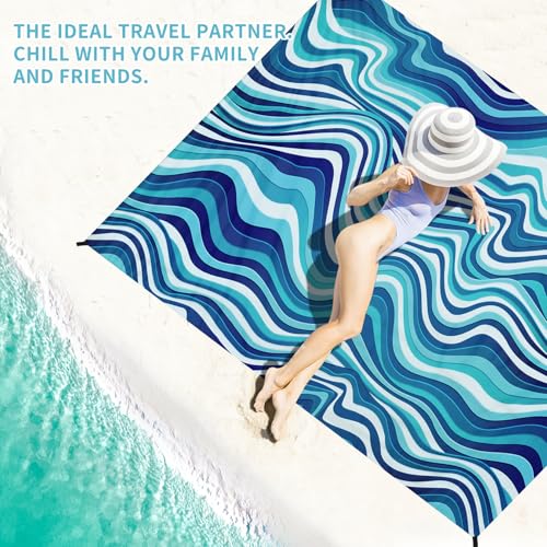 Beach Blanket 78''×110'' Suits 1-7 Adults Waterproof Sandproof Oversized Lightweight Sand Free Beach Blanket Large Picnic Mat for Travel Camping Picnic Hiking - color: Waves, size: 78''x110''