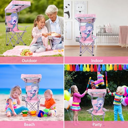 KABOER Kids Outdoor Folding Lawn and Camping Chair with Cup Holder and Carrying Bag, Children's Camping Chairs - color: Mermaid With Canopy