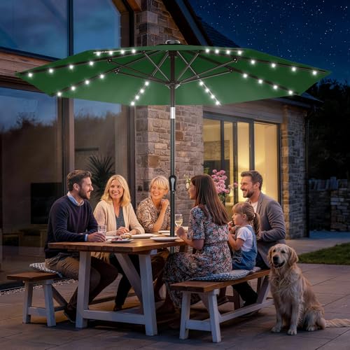 AreShark 9FT Patio Umbrella with Solar Lights, 32 Lighted Pool Umbrella w/Tilt and Crank, Outdoor Market Solar Umbrellas for Garden, Deck, Backyard, Pool and Beach, Dark Green - color: Dark Green, size: 9 Ft