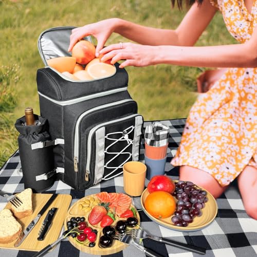 Hap Tim Picnic Basket Backpack for 4 Person with Blanket, Insulated Leakproof Cooler Compartment, Wine Holder, Cutlery Set, Engagement Gifts for Couples, White Elephant Gift Ideas, Black (36221-DG) - color: Dark Grey